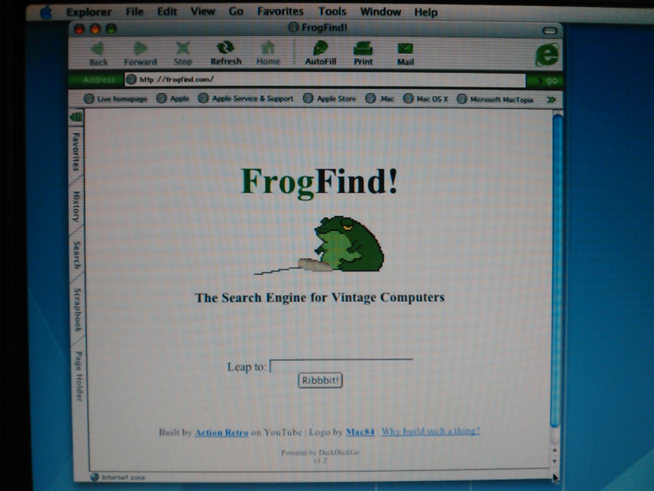 Internet Explorer with green theme showing frogfind