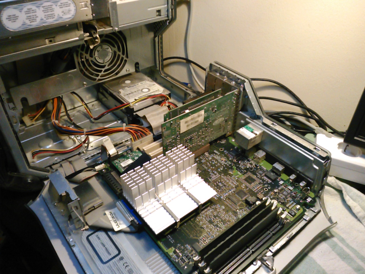 Open computer, motherboard exposed